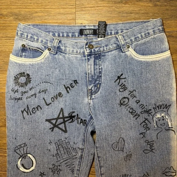 Vintage 90's Laundry Shelli Segal Graffiti Doodle
Print Straight Leg Jeans Sz 6 - Picture 3 of 12